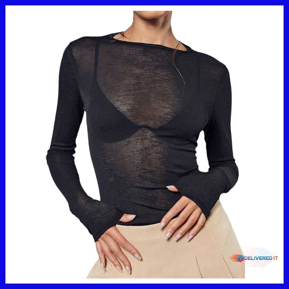 Sheer Mesh Long Sleeve Boat Neck Slim Fit Tee Tops